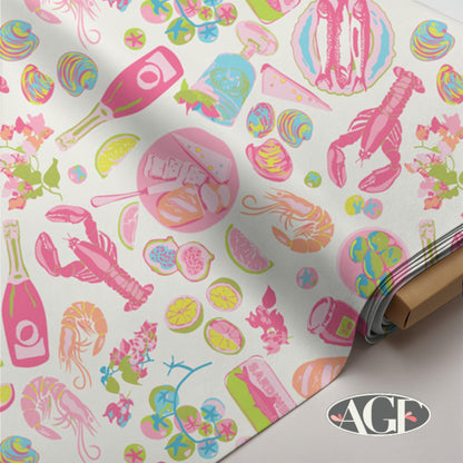 Costeira Seafood Fabric, Lobster Shrimp Citrus Coastal by Art Gallery Fabrics Quilting Cotton, Beach Picnic Fabric, Gosto da Costa Quente