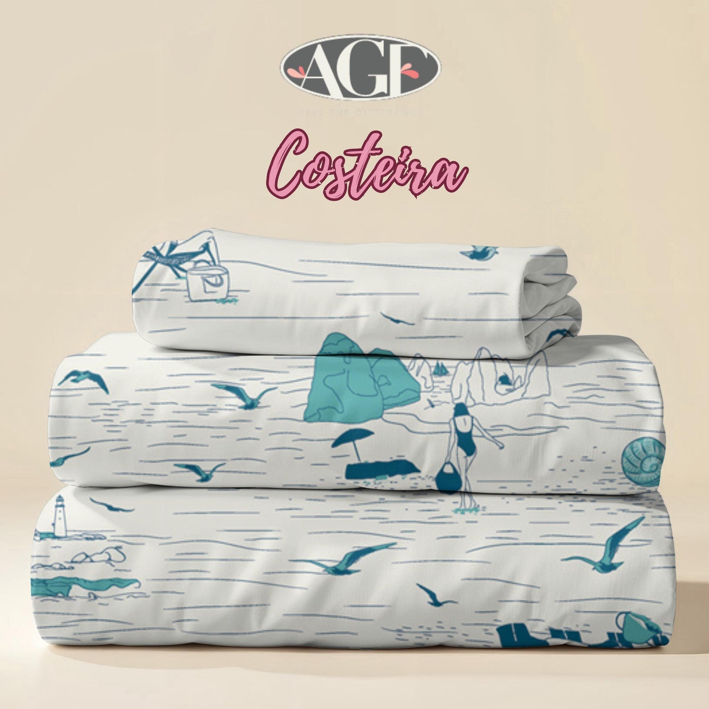 Costeira Coastal Scenic Fabric by AGF, Beach Print Quilting Cotton by the Yard, Algarve Shores, Coastal Cotton fabric