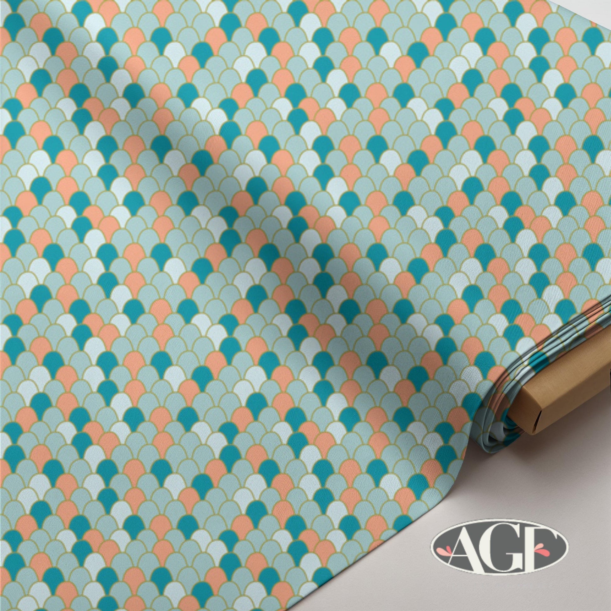 Mermaid Scale Peach & Teal Fabric, Costeira by AGF, Coastal Quilt Cotton, Scales Blender, Modern Ocean Theme, Mosaico Marinho Costa