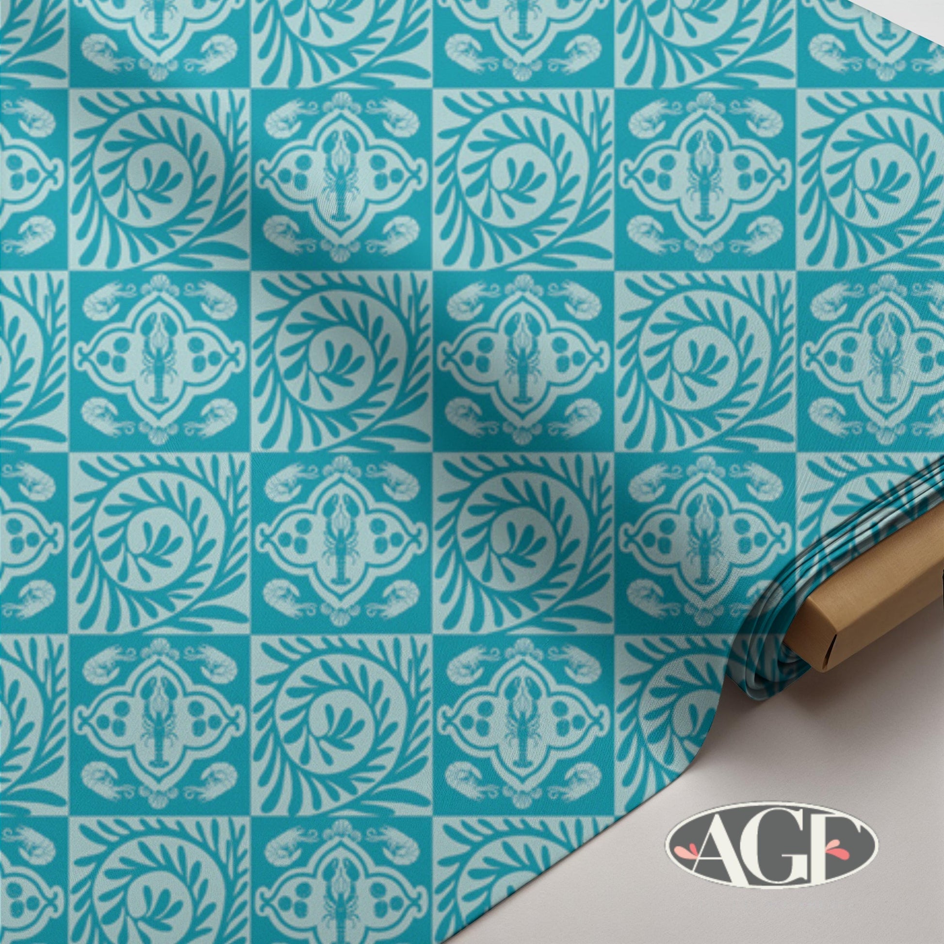 Costeira Azul Coastal Tile Fabric by AGF, Ocean Blue Sea Life Quilt Cotton, Nautical Tile Print Fabric, Art Gallery, Azulejos Azuis