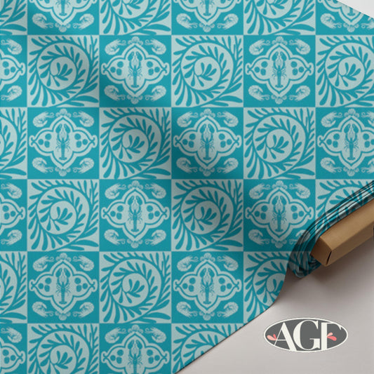 Costeira Azul Coastal Tile Fabric by AGF, Ocean Blue Sea Life Quilt Cotton, Nautical Tile Print Fabric, Art Gallery, Azulejos Azuis