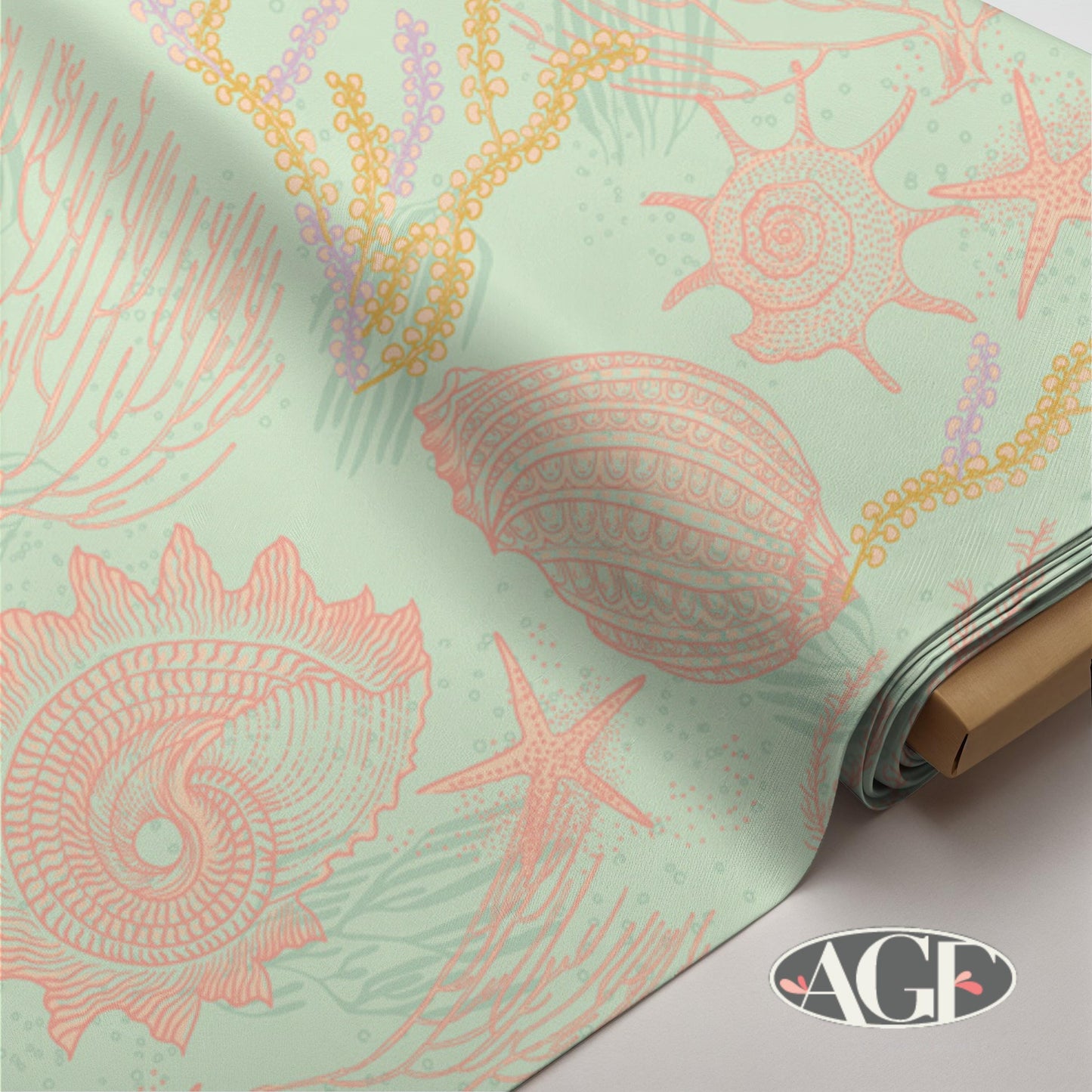 Coastal Seashell Coral Reef Fabric, AGFCosteira Coral Shell Whisper, Peach & Sea Life Cotton by Art Gallery Fabrics, Tesouros do Oceano.