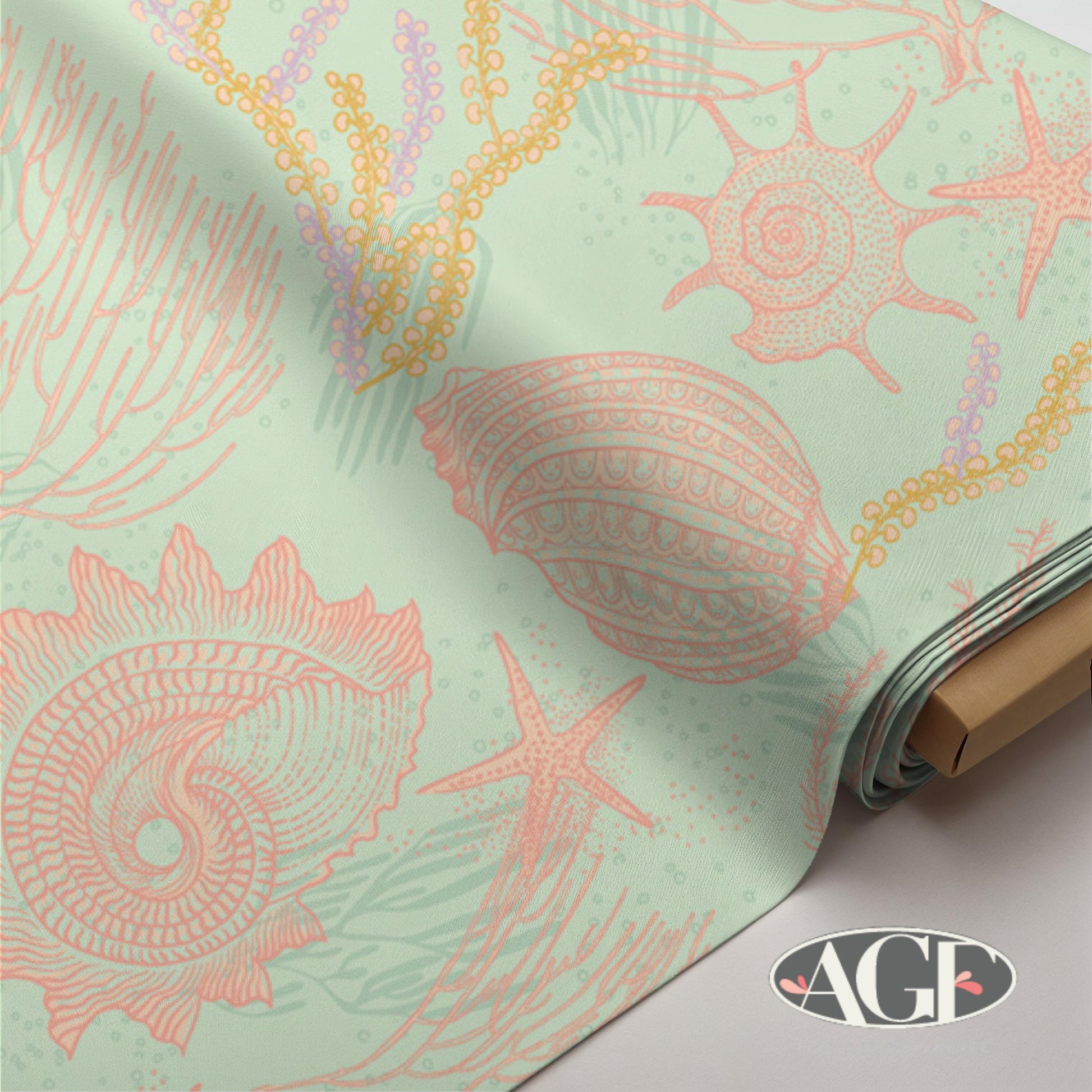 Coastal Seashell Coral Reef Fabric, AGFCosteira Coral Shell Whisper, Peach & Sea Life Cotton by Art Gallery Fabrics, Tesouros do Oceano.