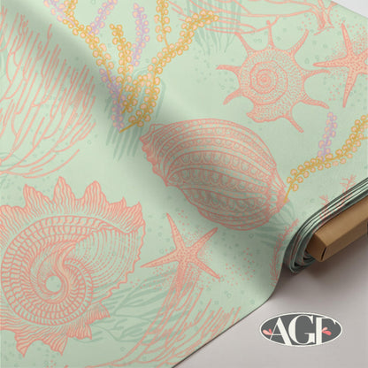 Coastal Seashell Coral Reef Fabric, AGFCosteira Coral Shell Whisper, Peach & Sea Life Cotton by Art Gallery Fabrics, Tesouros do Oceano.