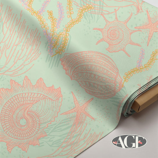Coastal Seashell Coral Reef Fabric, AGFCosteira Coral Shell Whisper, Peach & Sea Life Cotton by Art Gallery Fabrics, Tesouros do Oceano.