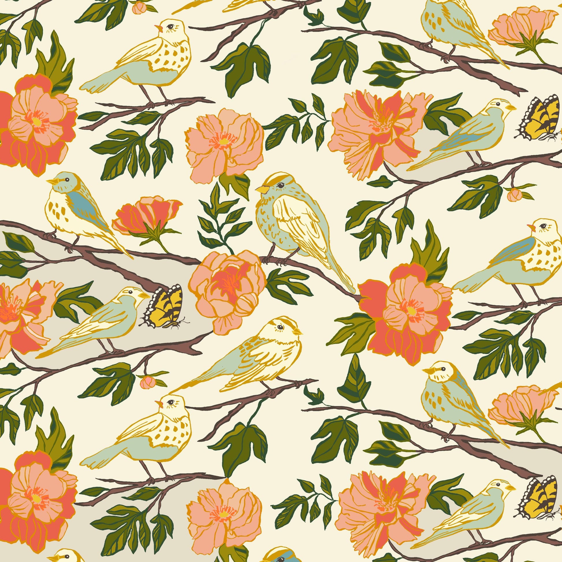Lush Life Birds on Ivory – Jennifer Moore for Windham Fabrics | Organic Cotton Floral Bird Fabric | Nature Garden Quilting Cotton