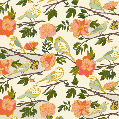 Lush Life Birds on Ivory – Jennifer Moore for Windham Fabrics | Organic Cotton Floral Bird Fabric | Nature Garden Quilting Cotton
