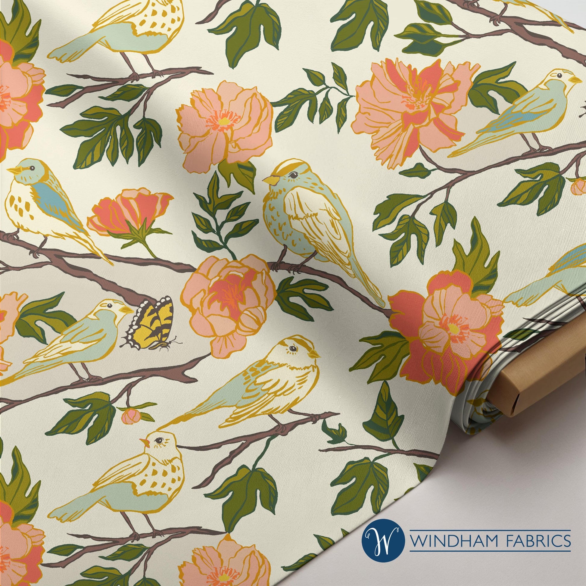 Lush Life Birds on Ivory – Jennifer Moore for Windham Fabrics | Organic Cotton Floral Bird Fabric | Nature Garden Quilting Cotton
