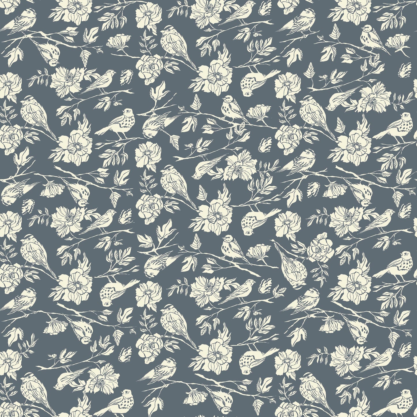 Lush Life Birds on Periwinkle – Jennifer Moore for Windham Fabrics | Organic Cotton Floral Bird Print | Blue Botanical Quilting Fabric