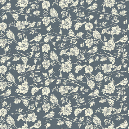 Lush Life Birds on Periwinkle – Jennifer Moore for Windham Fabrics | Organic Cotton Floral Bird Print | Blue Botanical Quilting Fabric