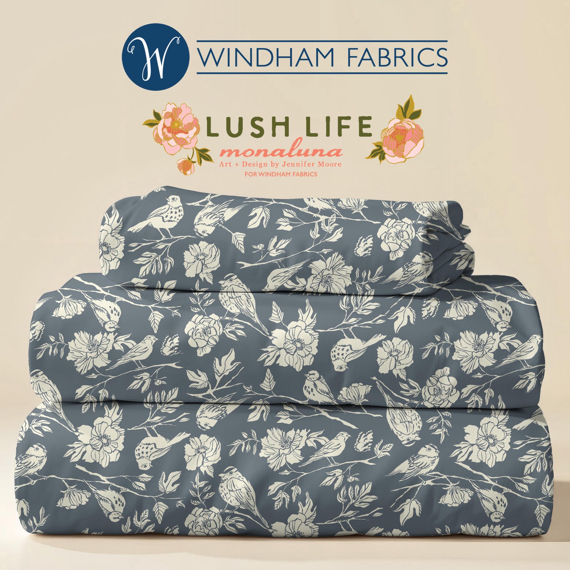 Lush Life Birds on Periwinkle – Jennifer Moore for Windham Fabrics | Organic Cotton Floral Bird Print | Blue Botanical Quilting Fabric