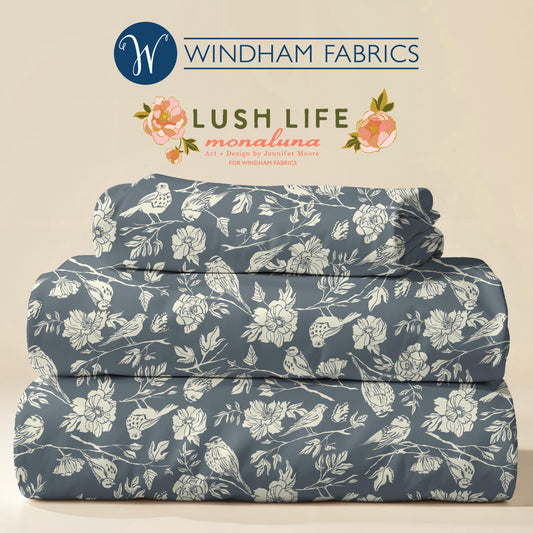 Lush Life Birds on Periwinkle – Jennifer Moore for Windham Fabrics | Organic Cotton Floral Bird Print | Blue Botanical Quilting Fabric