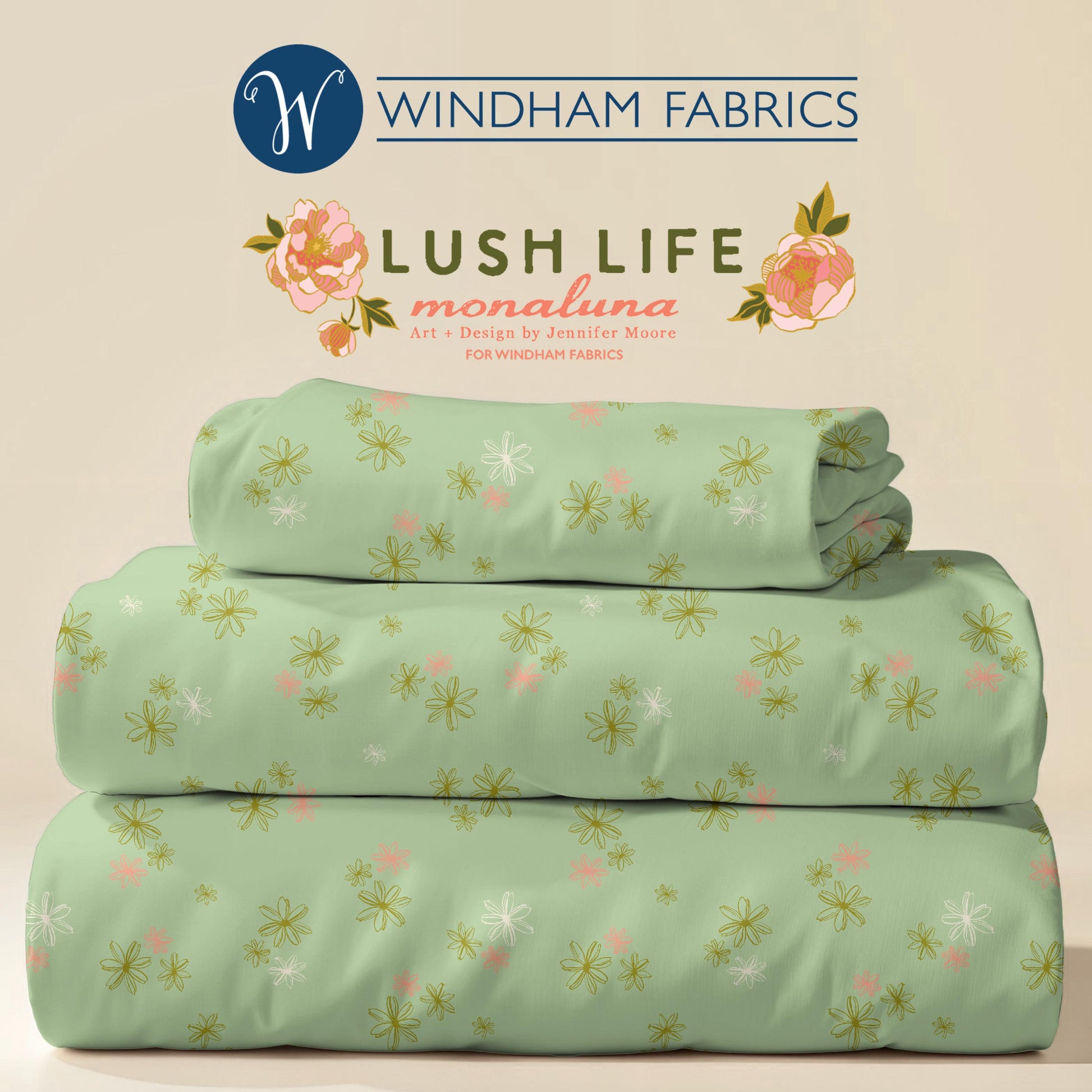Lush Life Tiny Blooms on Mint – Jennifer Moore for Windham Fabrics | Organic Cotton Floral Fabric | Green Pink Small Flower Quilting Cotton