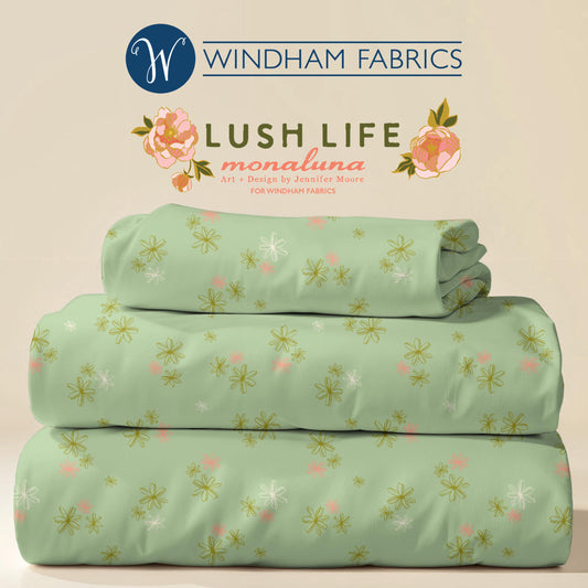 Lush Life Tiny Blooms on Mint – Jennifer Moore for Windham Fabrics | Organic Cotton Floral Fabric | Green Pink Small Flower Quilting Cotton