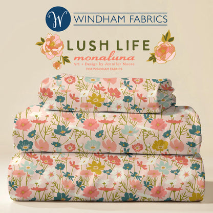 Lush Life Wildflowers on Pale Pink – Jennifer Moore for Windham Fabrics | Organic Cotton Floral Print | Soft Pink Garden Quilting Fabric