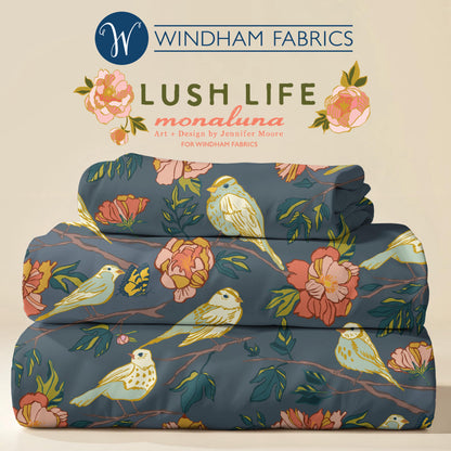 Lush Life Birds on Navy – Jennifer Moore for Windham Fabrics | Organic Cotton Floral Bird Fabric | Blue Botanical Quilting Cotton
