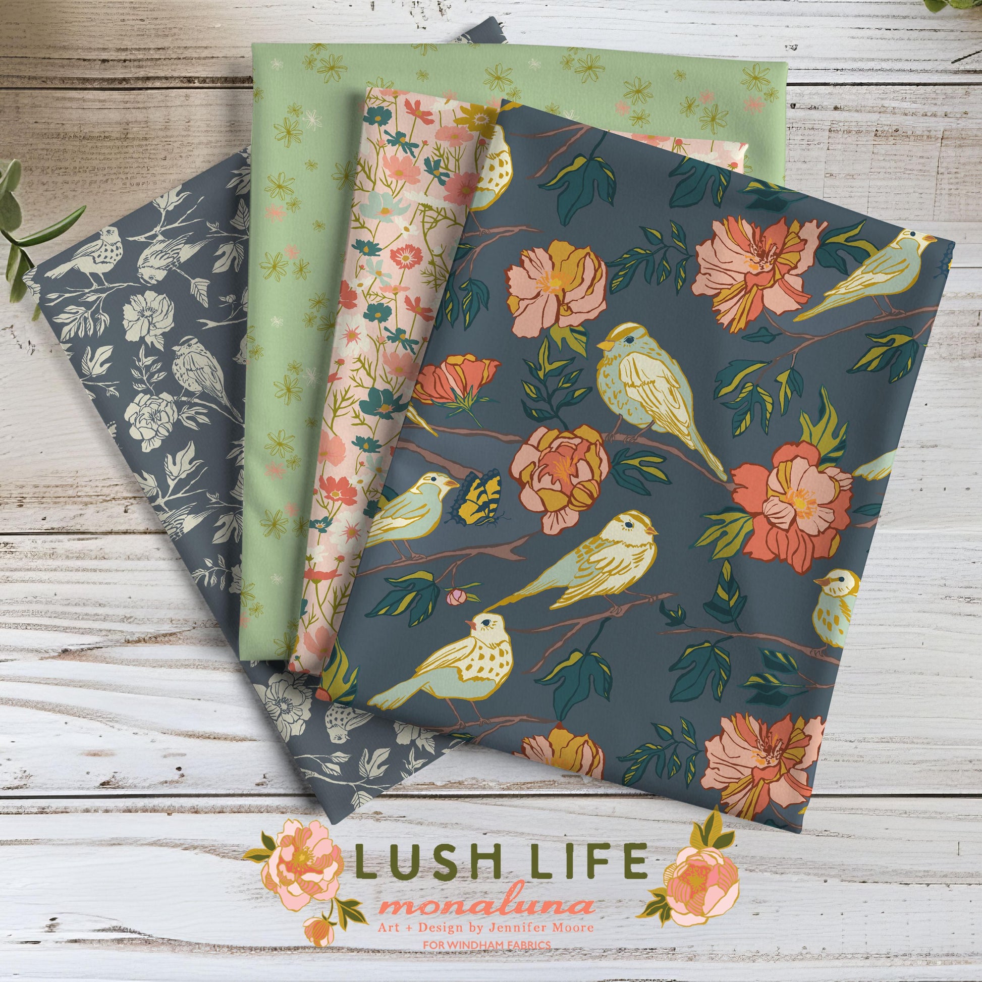 Lush Life by Monaluna for Windham Fabrics Bird Floral Organic Cotton Fabric Bundle, Fat Quarters & Yardage, Eco-Friendly Quilting Cotton