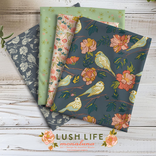 Lush Life by Monaluna for Windham Fabrics Bird Floral Organic Cotton Fabric Bundle, Fat Quarters & Yardage, Eco-Friendly Quilting Cotton