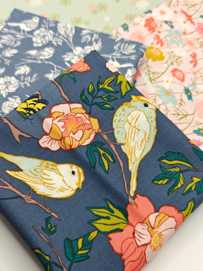 Lush Life by Monaluna for Windham Fabrics Bird Floral Organic Cotton Fabric Bundle, Fat Quarters & Yardage, Eco-Friendly Quilting Cotton