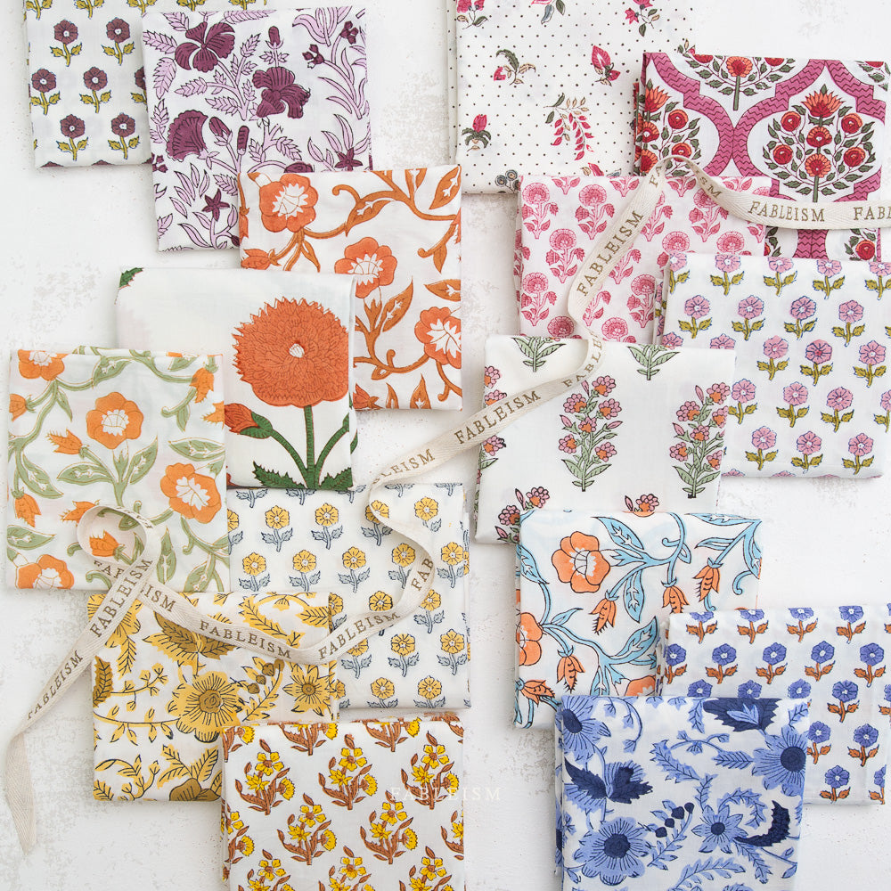 Fableism Indian Block Prints: Cottage Fat Quarter Bundle – 100% Cotton Artisan Floral Fabric Set for Quilting & Sewing
