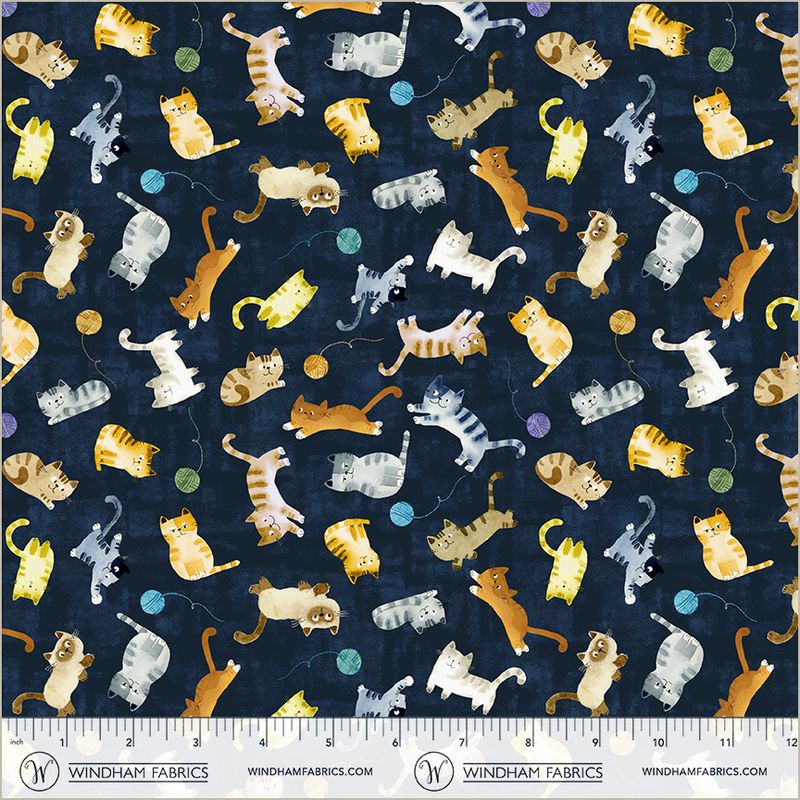 Cats Around Town – Tossed Cats & Yarn on Navy by Sue Miano for Windham Fabrics | 100% Cotton | Ships January 2026