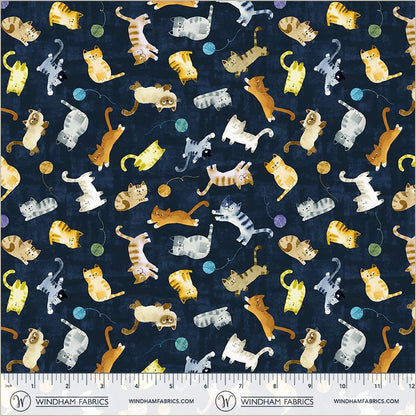 Cats Around Town – Tossed Cats & Yarn on Navy by Sue Miano for Windham Fabrics | 100% Cotton | Ships January 2026
